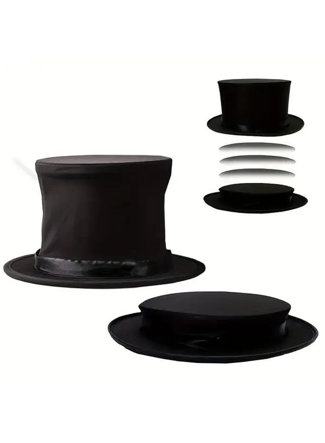 Black Top Hat with Red Ribbon Foldable Magic Trick Hat for Halloween Party - Image 4