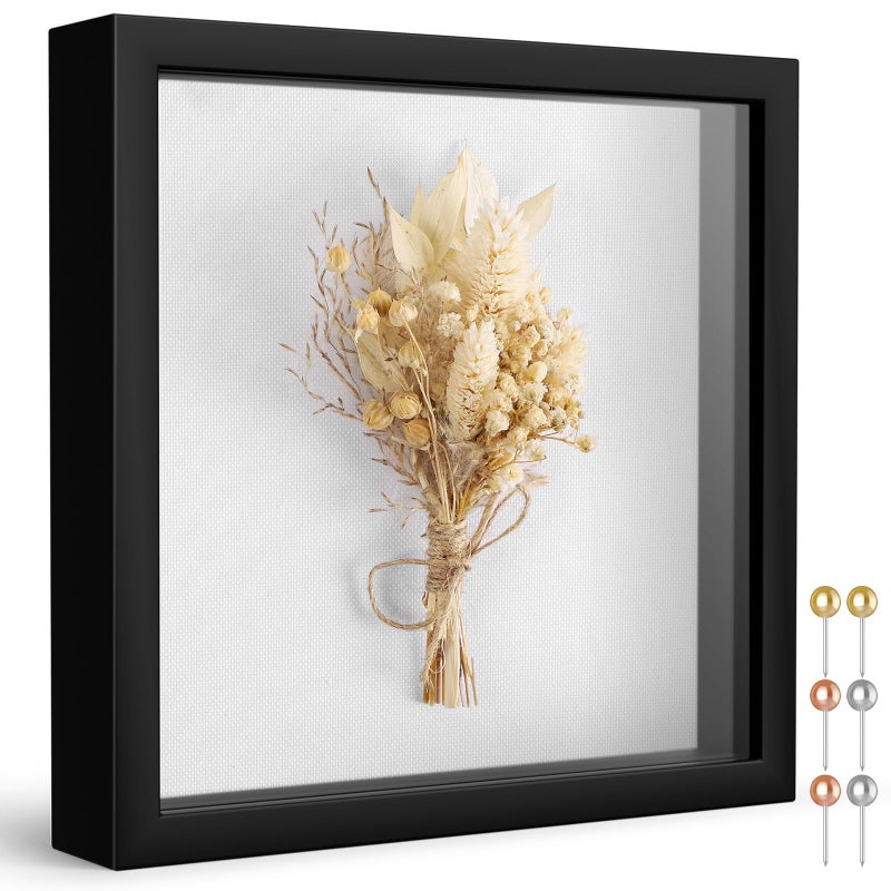 إطار صندوق الظل Califortree 8x8 مع ظهر من الكتان الناعم دبابيس دفع متضمنة صندوق عرض للذكريات لتذاكر الزهور والأشياء ثلاثية الأبعاد باللون الأسود