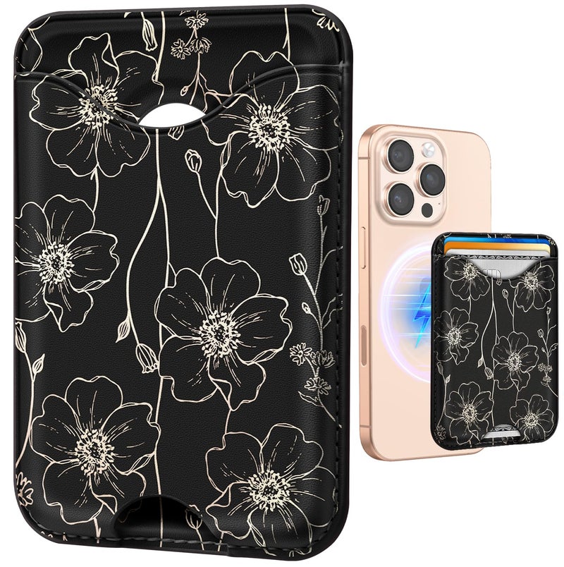 Shorogyt Compatible with Magsafe Wallet Magnetic Card Holder - Line Flower Phone Wallets for Women Teen Girls Cute for iPhone 17/16/15/14/13/12 Series Slim for Apple Mag RFID Magnet, Fit 3 Cards - Image 1