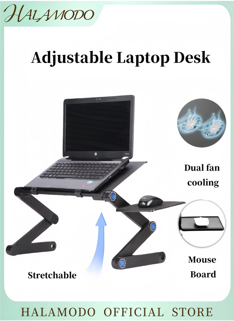 HALAMODO Adjustable Laptop Desk with Double Cooling Fans & Mouse Board Ergonomic Vented Table Stand Portable Computer Table for Office & Bedroom & Tabletop  - Image 1