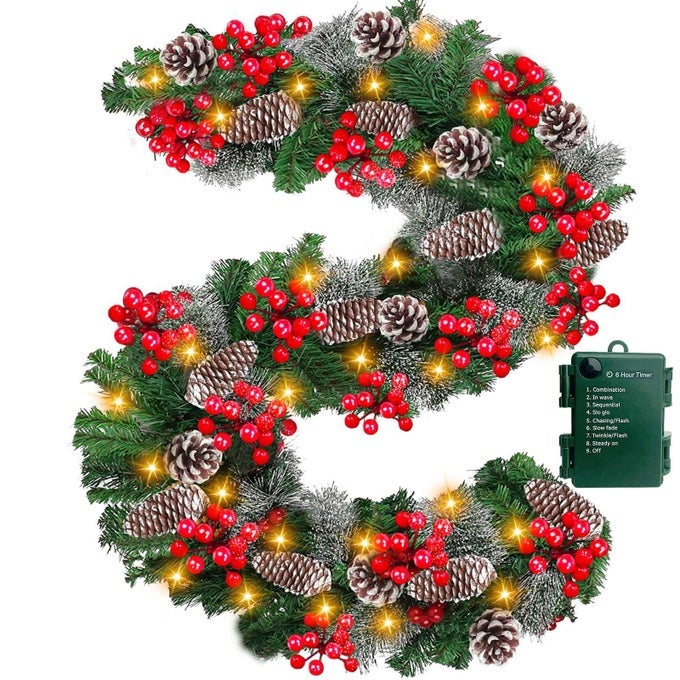 TIMER 8 MODE 9FT BY 10 INCH PRELIT CHRISTMAS GARLAND WITH 50 WARM LIGHTSTHICK 270 SNOWY TIPS 70 RED BERRY 10 PINECONE BATTERY OPERATED REAL TOUCH CEDAR XMAS GARLAND DOOR MANTLE INDOOR OUTDOOR
