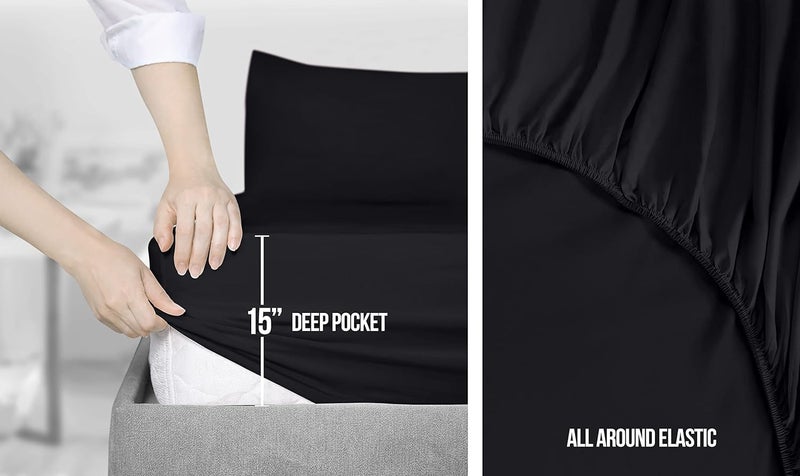 Utopia Bedding Queen Size Sheet Set  Soft Microfiber 4 Piece Hotel Luxury Bed Sheets with Deep Pockets - Embroidered Pillow Cases - Side Storage Pocket Fitted Sheet - Flat Sheet (Black) - Image 4