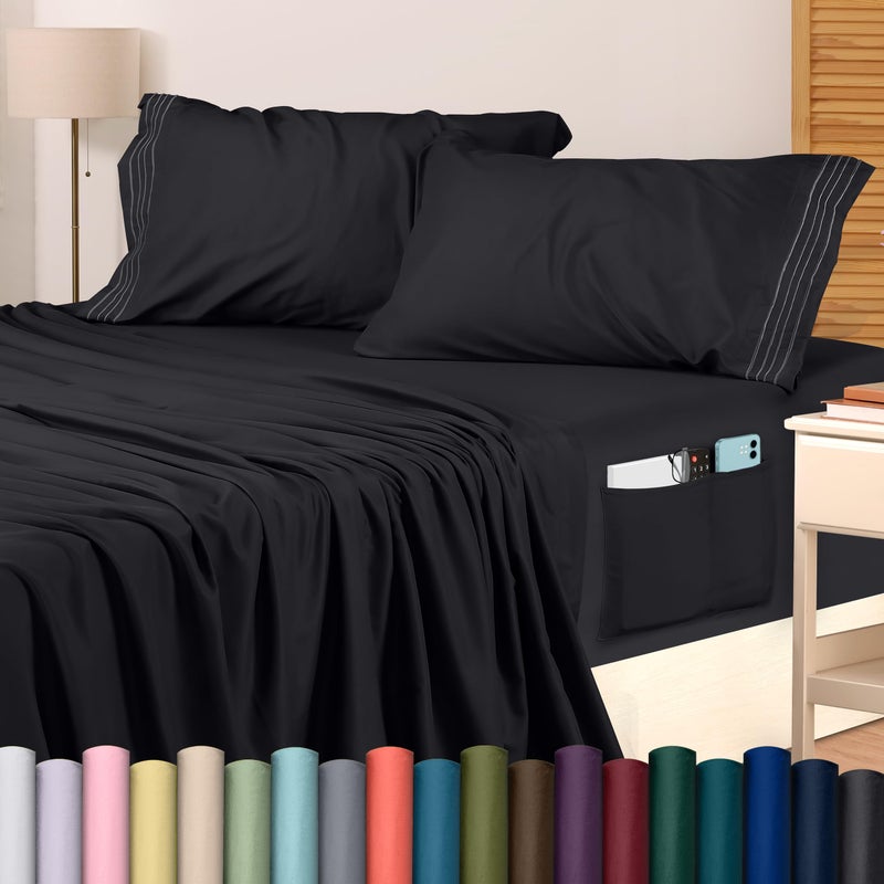 Utopia Bedding Queen Size Sheet Set  Soft Microfiber 4 Piece Hotel Luxury Bed Sheets with Deep Pockets - Embroidered Pillow Cases - Side Storage Pocket Fitted Sheet - Flat Sheet (Black) - Image 1