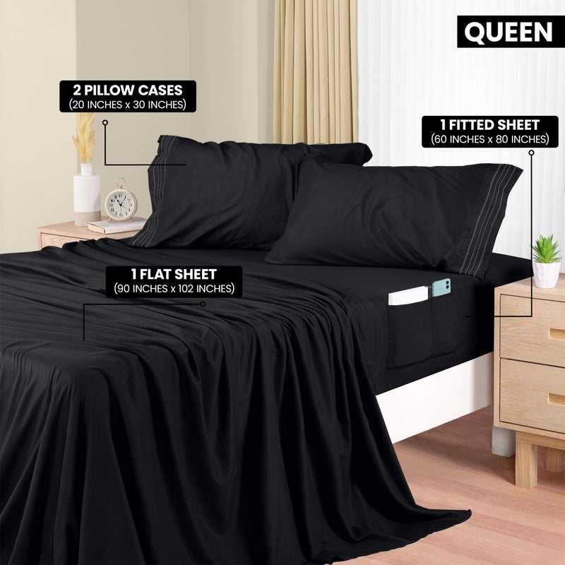 Utopia Bedding Queen Size Sheet Set  Soft Microfiber 4 Piece Hotel Luxury Bed Sheets with Deep Pockets - Embroidered Pillow Cases - Side Storage Pocket Fitted Sheet - Flat Sheet (Black) - Image 2