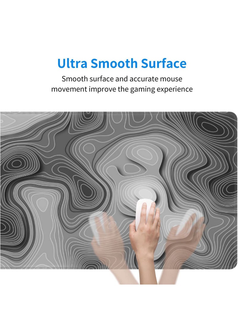 شابية وسادة ماوس طبوغرافية ثلاثية الأبعاد للألعاب - 300 × 800 × 3 مم سجادة مكتب كبيرة الحجم مانعة للانزلاق، قاعدة مطاطية كبيرة مع حواف مخيطة للاعبين ولوحة مفاتيح وإعدادات الماوس (رمادي/أبيض) - Image 3