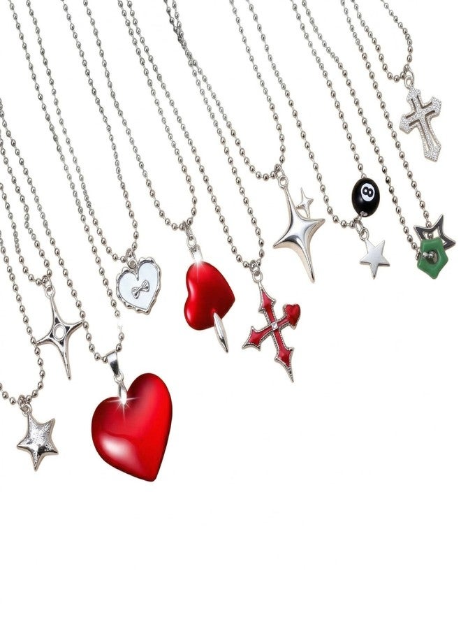 HOYDATE 10 Pcs Y2K Grunge Goth Heart and Star Necklace Set for Women - Emo and Scene Accessories - Red Gothic Cross, 8-Ball, and Indie Alt Jewelry Pack - Fairy Grunge Aesthetic Jewelry for Teen Girls - Image 1