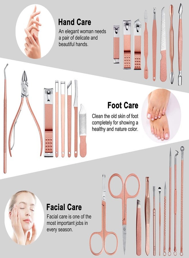 EWINEVER Manicure Set,ewinever 26PCS Professional Pedicure Kit Stainless Steel Nail Clippers Grooming Tools Kit Men and Women Nail Care Tools with Pink Leather Travel Case-Rose Gold - Image 2