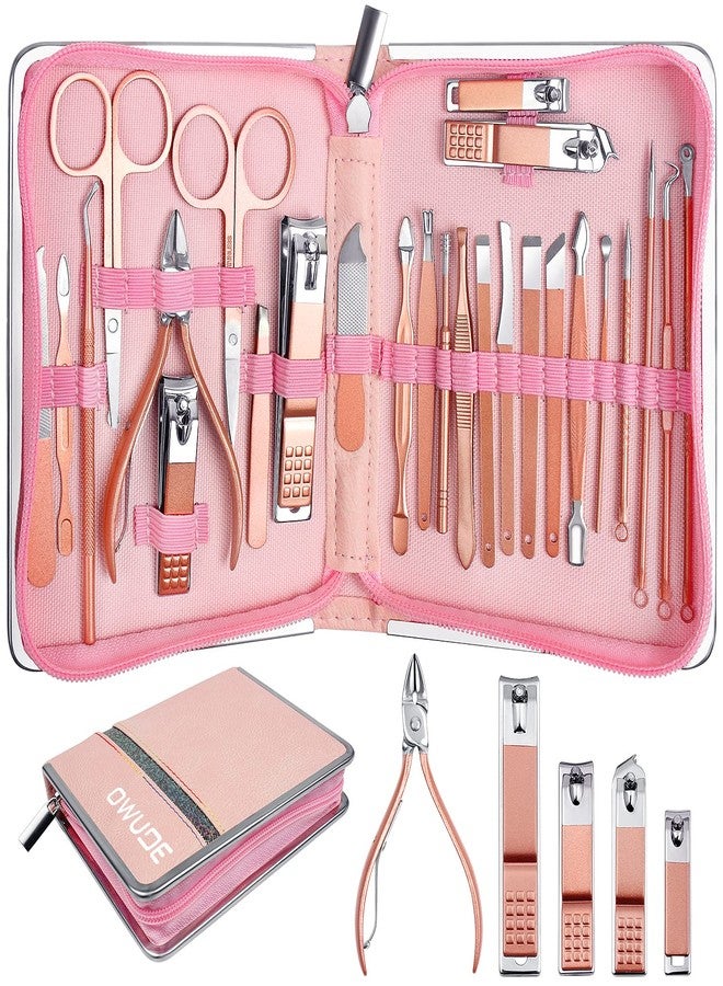 EWINEVER Manicure Set,ewinever 26PCS Professional Pedicure Kit Stainless Steel Nail Clippers Grooming Tools Kit Men and Women Nail Care Tools with Pink Leather Travel Case-Rose Gold - Image 1