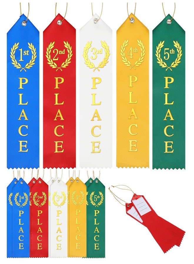 Quilax 15 Pcs Award Ribbons, 1st 2nd 3rd 4th 5th Place Flat Prize Ribbons Set with Event Card and Rope, First Place Ribbon for Competition Sports Event School Contests(Blue+Red+White+Yellow+Green) - Image 1