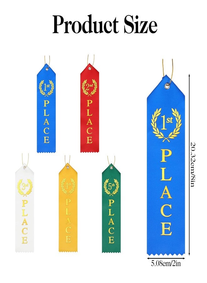 Quilax 15 Pcs Award Ribbons, 1st 2nd 3rd 4th 5th Place Flat Prize Ribbons Set with Event Card and Rope, First Place Ribbon for Competition Sports Event School Contests(Blue+Red+White+Yellow+Green) - Image 2