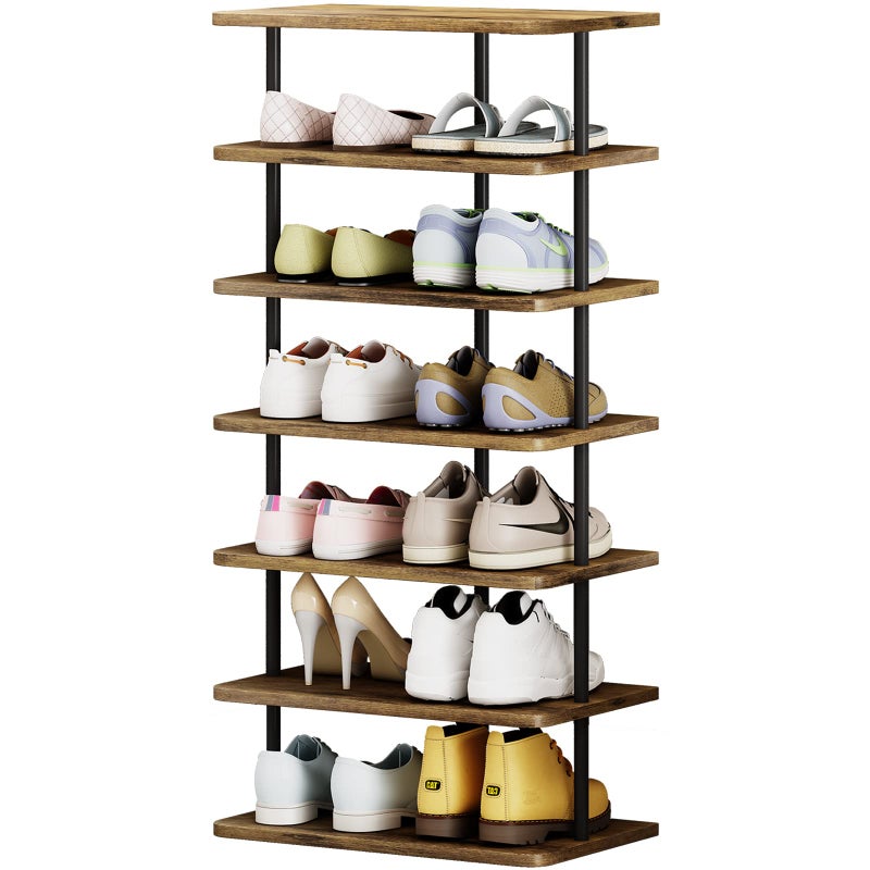AZERPIAN AZERPIAN Shoe Rack 7 Tier Vertical Storage Organizer Double Row Narrow Metal Slim Shelf Modern Free Standing Shoe Tower Saving Space for Closet Entryway BedroomBlackRustic Brown