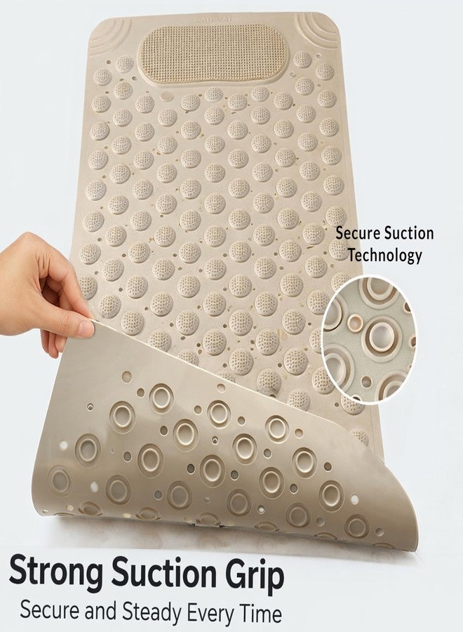 HOMEZE Rectangular Anti Skid Bath Mat with Foot Scrubber for Bath Room Shower Mat with Suction Cups & Drain Holes Silicone Floor Mat for Kids & Adults (70 X 35, Beige) - Image 2