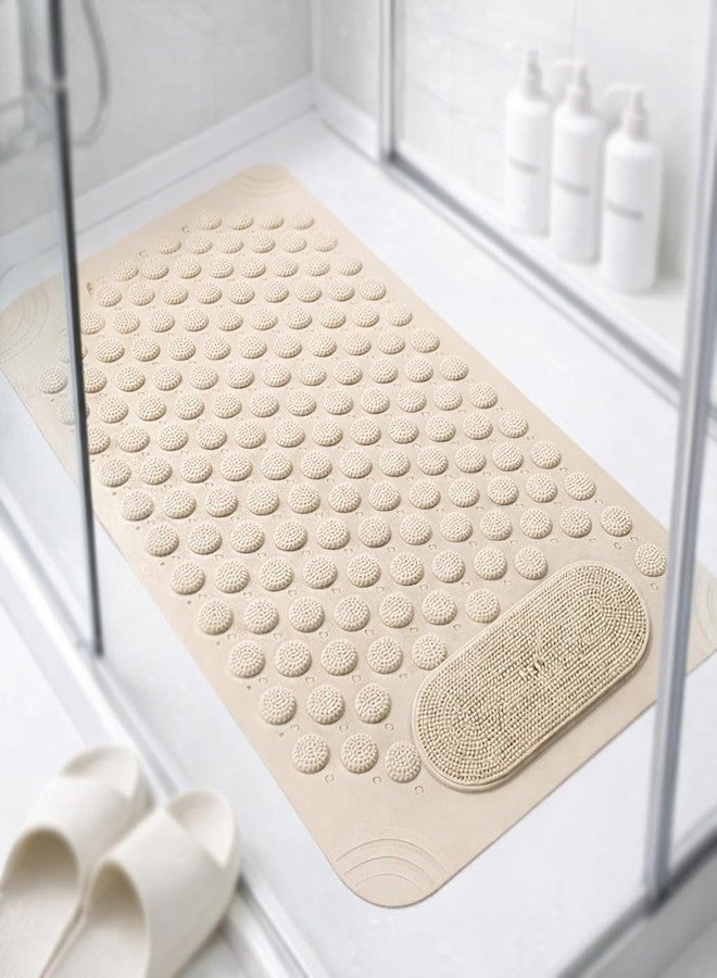 HOMEZE Rectangular Anti Skid Bath Mat with Foot Scrubber for Bath Room Shower Mat with Suction Cups & Drain Holes Silicone Floor Mat for Kids & Adults (70 X 35, Beige) - Image 1