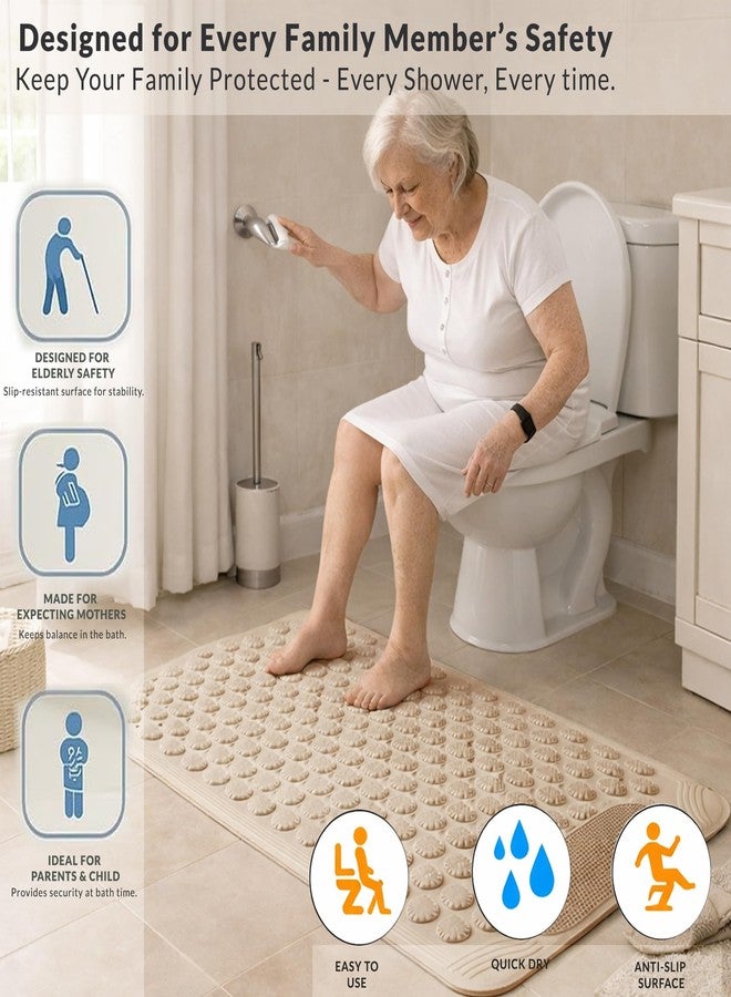 HOMEZE Rectangular Anti Skid Bath Mat with Foot Scrubber for Bath Room Shower Mat with Suction Cups & Drain Holes Silicone Floor Mat for Kids & Adults (70 X 35, Beige) - Image 5