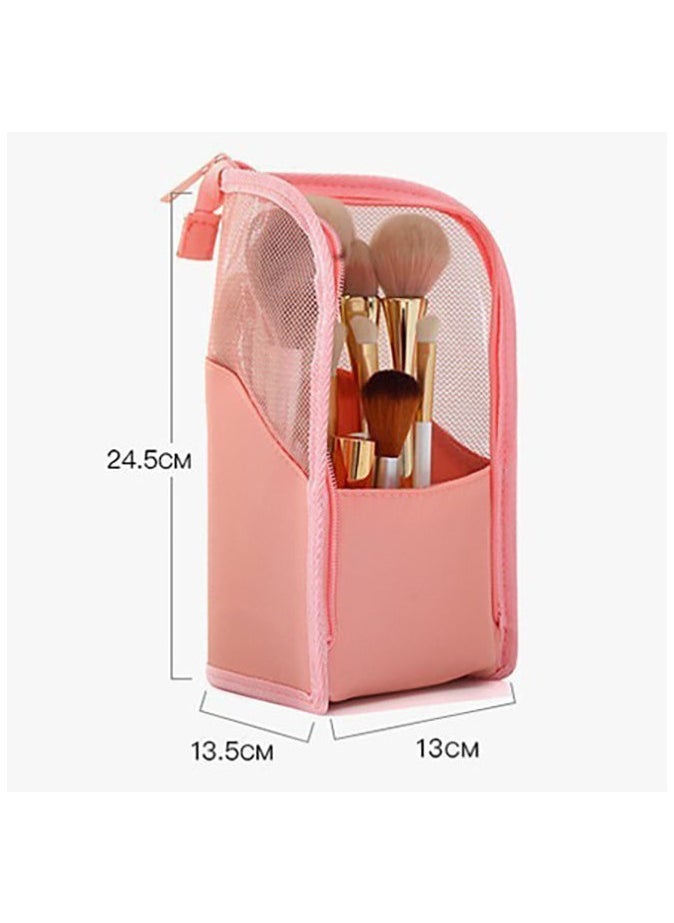 Stand-Up Makeup Brush Storage Organizer Bag, Waterproof Dust Free Travel Makeup Brush Holder（pink）