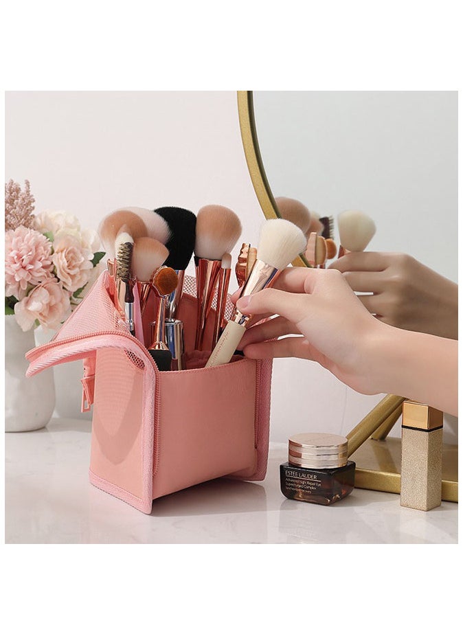 Stand-Up Makeup Brush Storage Organizer Bag, Waterproof Dust Free Travel Makeup Brush Holder（pink）
