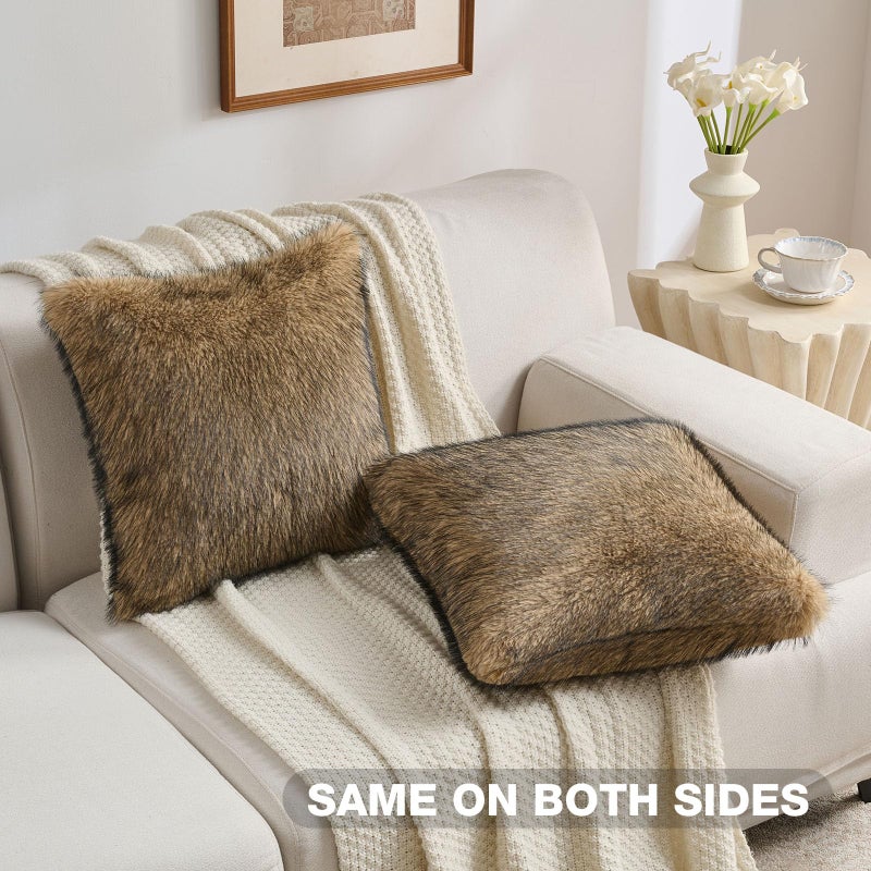 FUTEI Tawny Decorative Throw Pillow Covers 18x18 Inch Set of 2,Soft Faux Raccoon Fur Textured Cushion Case,Modern Home Luxurious Decor for Couch Bed Living Room - Image 4