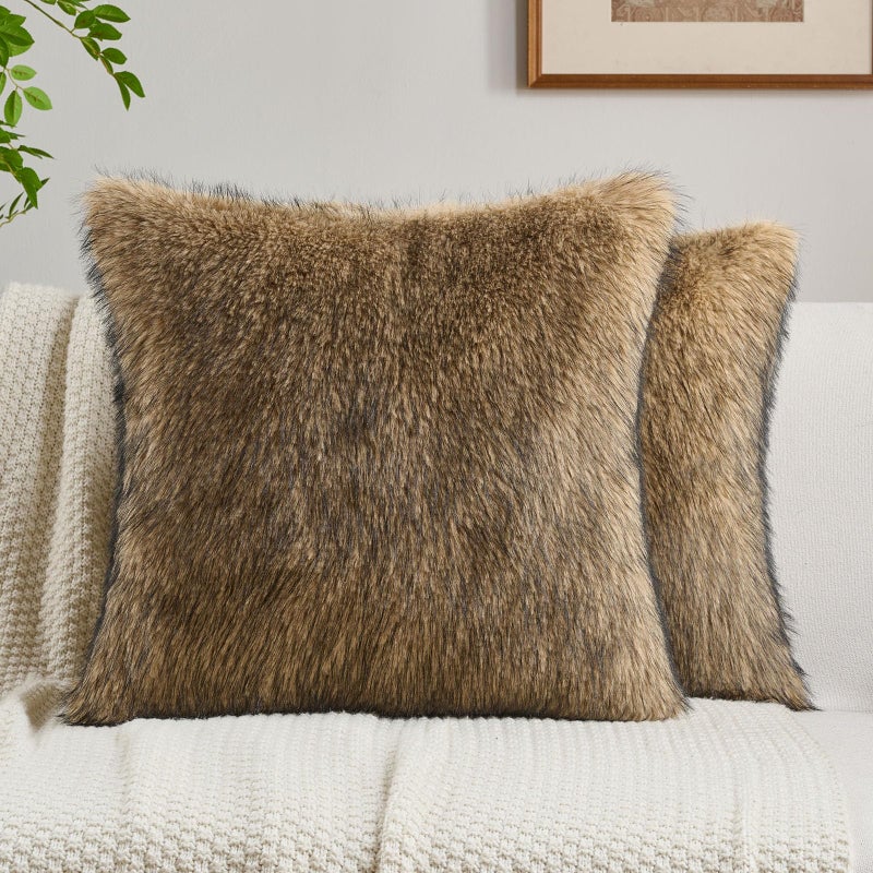 FUTEI Tawny Decorative Throw Pillow Covers 18x18 Inch Set of 2,Soft Faux Raccoon Fur Textured Cushion Case,Modern Home Luxurious Decor for Couch Bed Living Room - Image 1