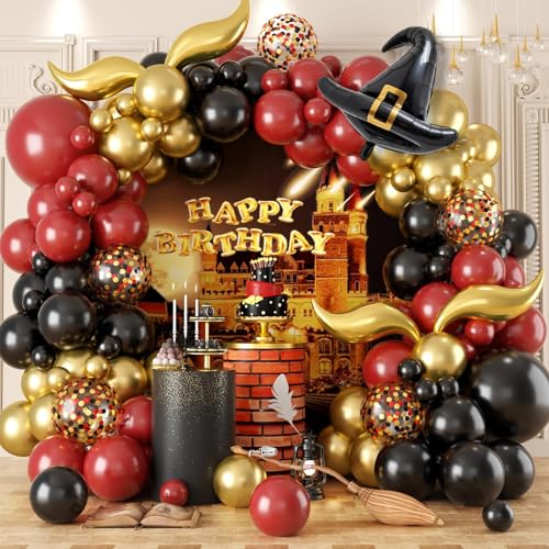 Sowide Balloon Garland Arch Kit Burgundy Black Gold Balloons with Bonus DIY Hat and Wings for Baby Shower Anniversary Graduation Party Supplies - Image 1
