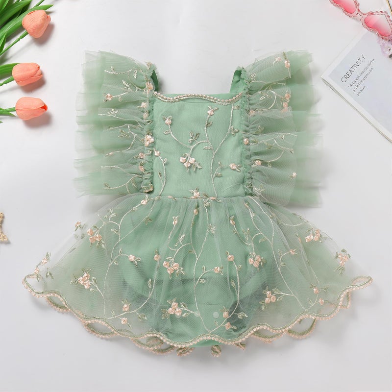 ODASDO First Birthday Outfit Girl Baby Fairy Romper Toddlers Party Dress Floral Embroidery Tulle Tutu Princess Dresses 1st Half One Year Old Newborn Photo Shoot Props Summer Clothes Sage Green 0-3M - Image 4