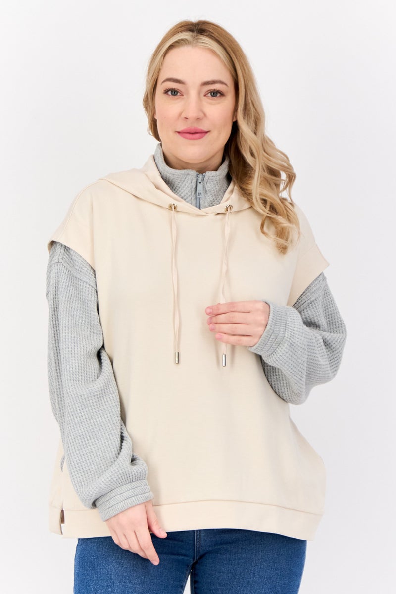 ESPRIT Women Solid Sleeveless Hoodie, Beige - Image 1