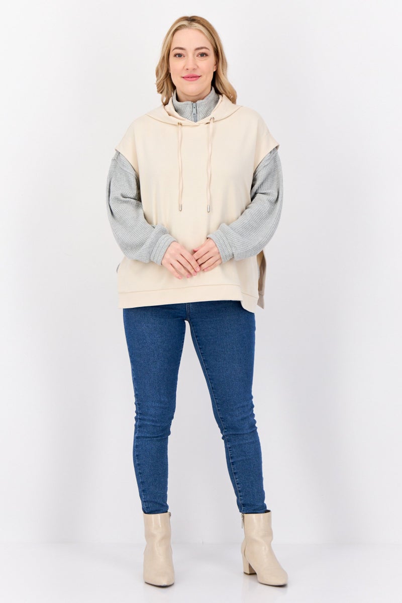 ESPRIT Women Solid Sleeveless Hoodie, Beige - Image 3