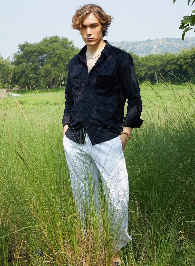 Campus Sutra Campus Sutra Men's Midnight Black Cubic Velvet Utility Shacket For Casual Wear | Spread Collar | Long Sleeve | Button Closure | Overshirt/Shacket Crafted With Comfort Fit For Everyday Wear