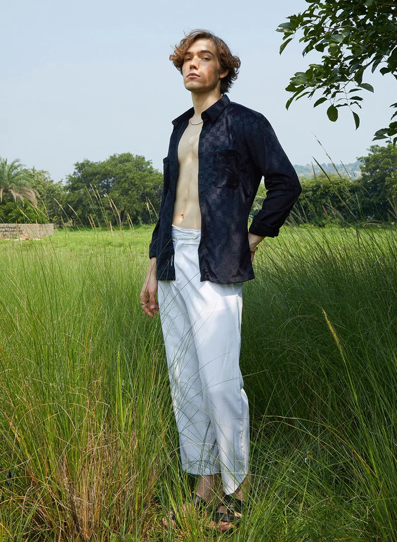 Campus Sutra Campus Sutra Men's Midnight Black Cubic Velvet Utility Shacket For Casual Wear | Spread Collar | Long Sleeve | Button Closure | Overshirt/Shacket Crafted With Comfort Fit For Everyday Wear