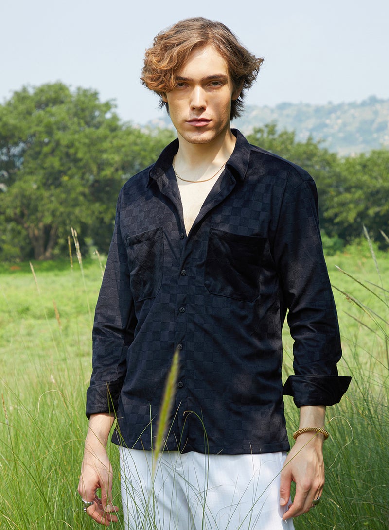 Campus Sutra Men's Midnight Black Cubic Velvet Utility Shacket - Image 2