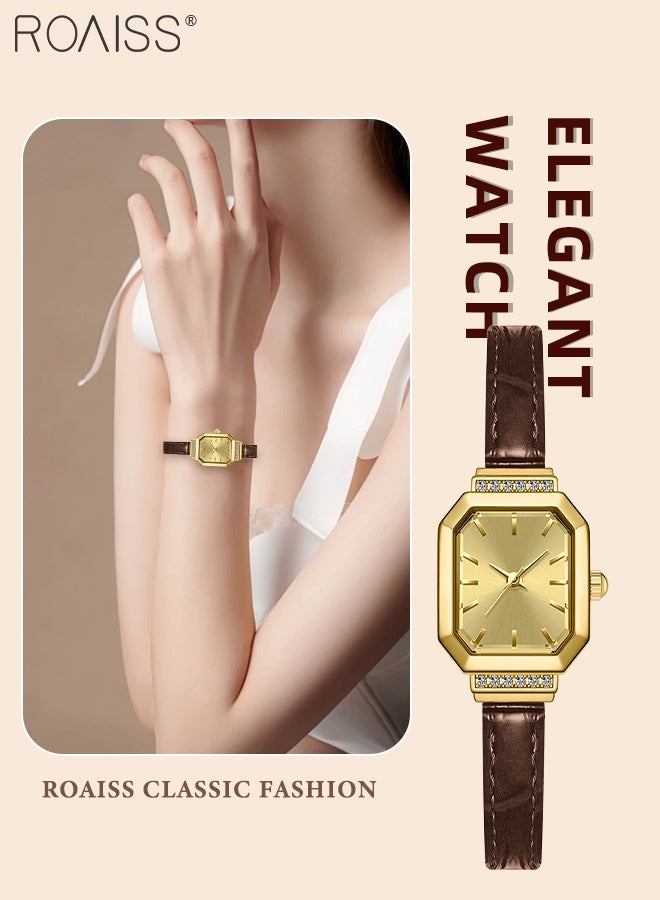 رويس ساعة كوارتز نسائية بحزام جلدي بقرص مثمن مزين بأحجار الراين، ساعة يد أنيقة بسيطة مقاومة للماء كهدية للسيدات - Image 1