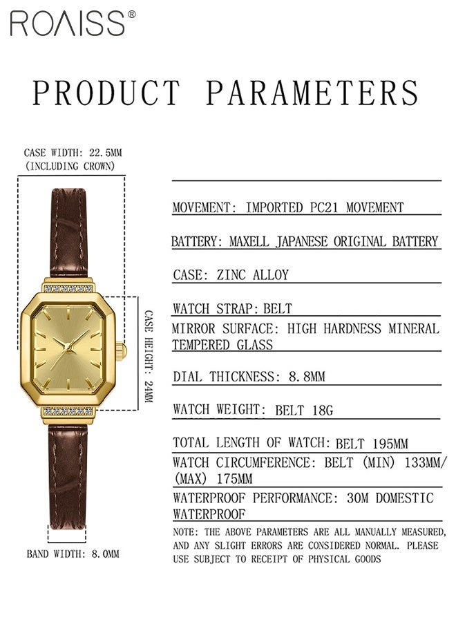 رويس ساعة كوارتز نسائية بحزام جلدي بقرص مثمن مزين بأحجار الراين، ساعة يد أنيقة بسيطة مقاومة للماء كهدية للسيدات - Image 4