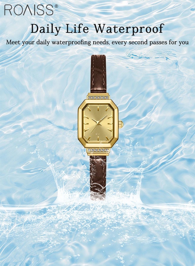 رويس ساعة كوارتز نسائية بحزام جلدي بقرص مثمن مزين بأحجار الراين، ساعة يد أنيقة بسيطة مقاومة للماء كهدية للسيدات - Image 5