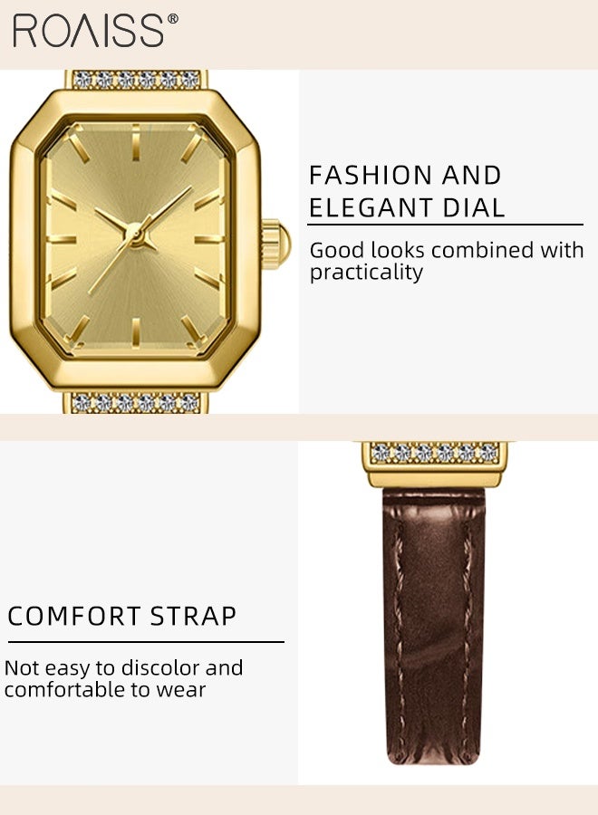 رويس ساعة كوارتز نسائية بحزام جلدي بقرص مثمن مزين بأحجار الراين، ساعة يد أنيقة بسيطة مقاومة للماء كهدية للسيدات - Image 3