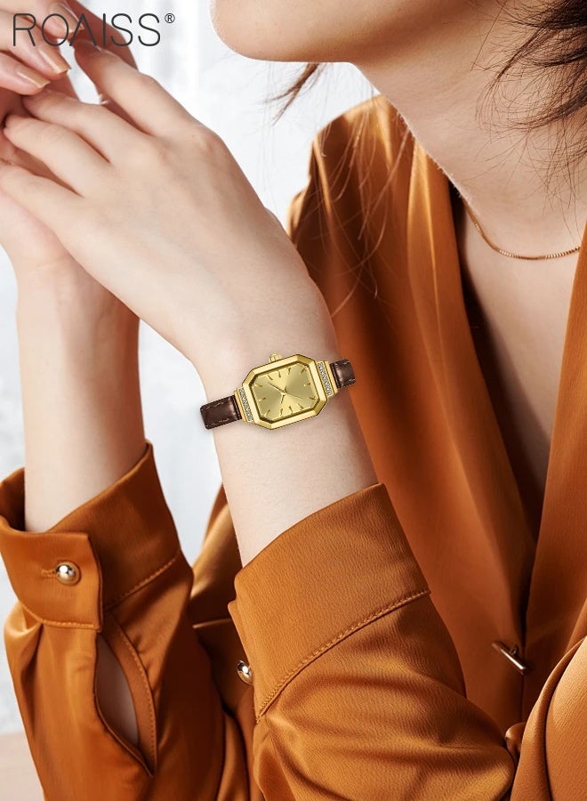 رويس ساعة كوارتز نسائية بحزام جلدي بقرص مثمن مزين بأحجار الراين، ساعة يد أنيقة بسيطة مقاومة للماء كهدية للسيدات - Image 2