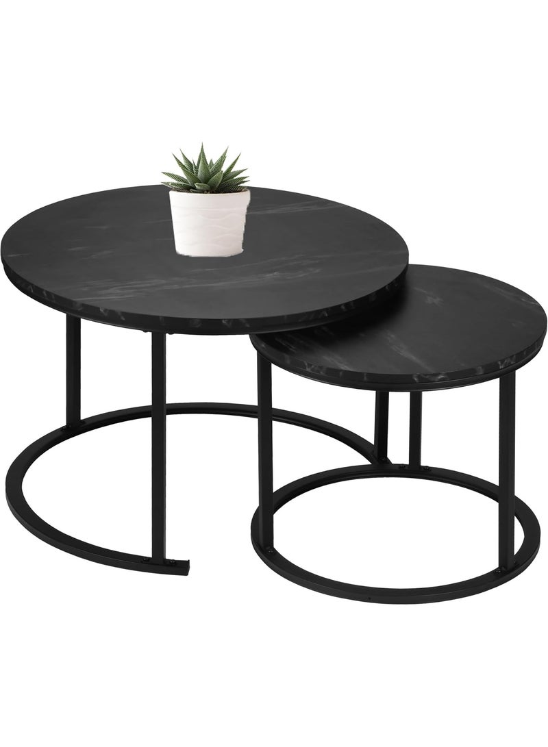 Round Nesting Coffee Table Set of 2 Stacking Coffee Table Living Room Round Nested End Table Side Table Look Density board Sofa Side Nest of Tables Metal Frame Home Decor Sets
