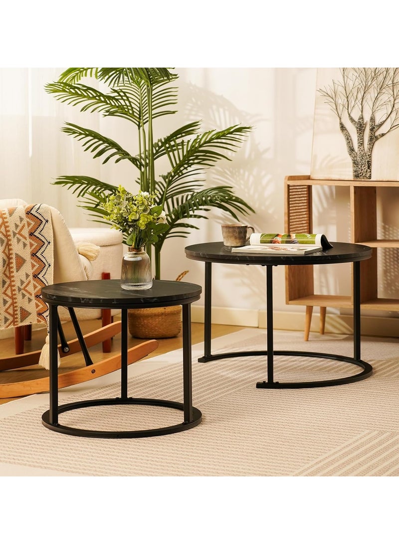 Round Nesting Coffee Table Set of 2 Stacking Coffee Table Living Room Round Nested End Table Side Table Look Density board Sofa Side Nest of Tables Metal Frame Home Decor Sets