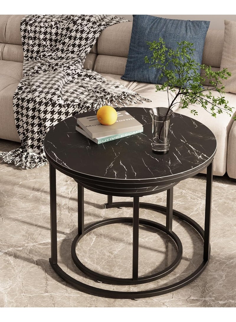 Round Nesting Coffee Table Set of 2 Stacking Coffee Table Living Room Round Nested End Table Side Table Look Density board Sofa Side Nest of Tables Metal Frame Home Decor Sets