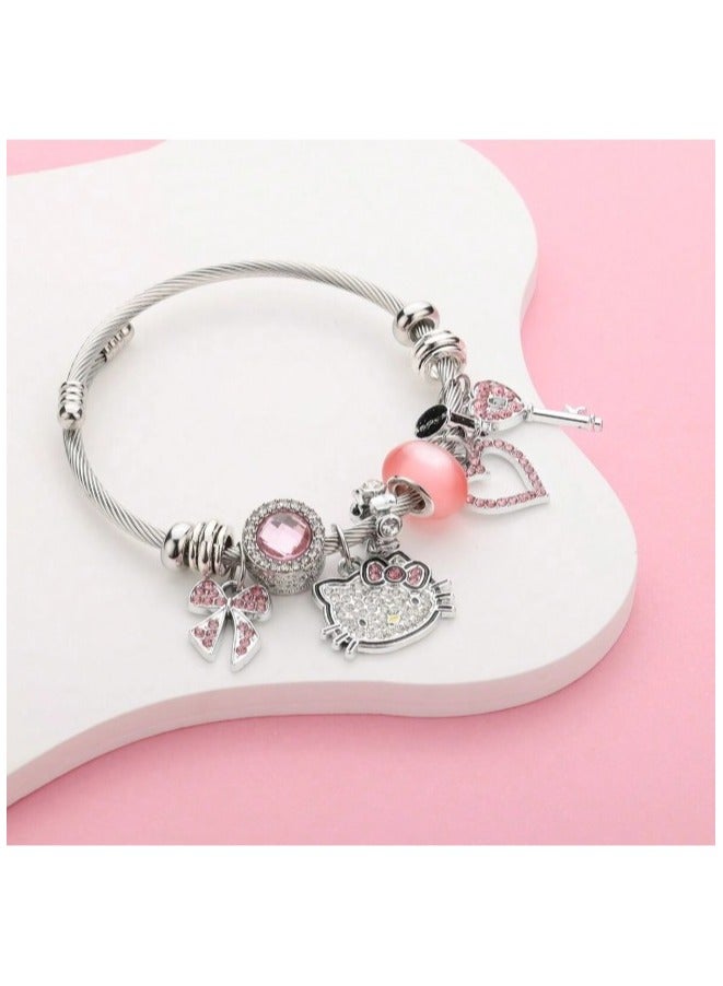 Hello Kitty Silver Stainless Steel Bracelet with Heart Charms, Ribbon Knot, Key, and Pink Stone Adjustable Size - Image 1