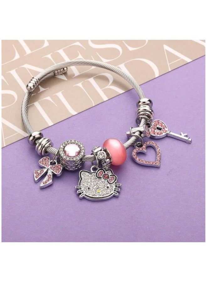 Hello Kitty Silver Stainless Steel Bracelet with Heart Charms, Ribbon Knot, Key, and Pink Stone Adjustable Size - Image 3