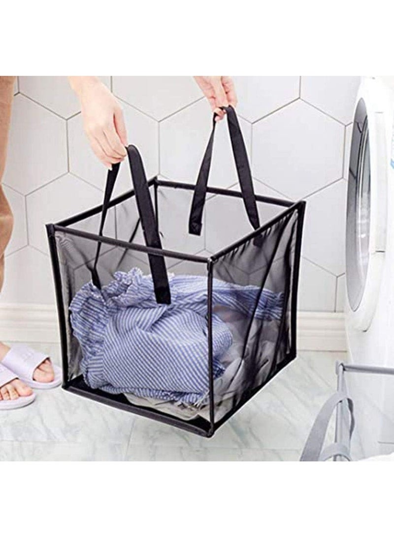 سلة غسيل، سلة غسيل شبكية متعددة الوظائف قابلة للطي، سلة تخزين قابلة للطي مع مقبض، سلة تنظيم ملابس خفيفة الوزن ومريحة للسفر، (قطعة واحدة، رمادي، طبقة واحدة) - Image 3