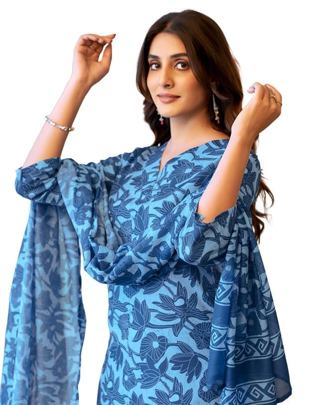 SIRIL Women's Cotton Suit Set for Women | Printed Kurta with Pant & Dupatta | Straight Kurta Set (144KBD1561A-L_Light Blue) - Image 1