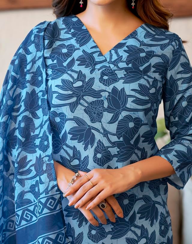 SIRIL Women's Cotton Suit Set for Women | Printed Kurta with Pant & Dupatta | Straight Kurta Set (144KBD1561A-L_Light Blue) - Image 4