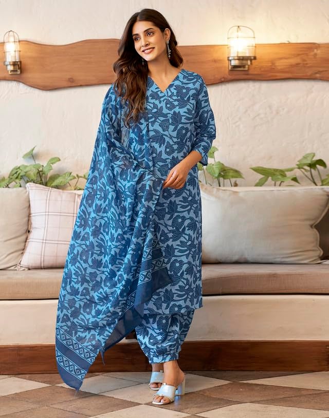 SIRIL Women's Cotton Suit Set for Women | Printed Kurta with Pant & Dupatta | Straight Kurta Set (144KBD1561A-L_Light Blue) - Image 2