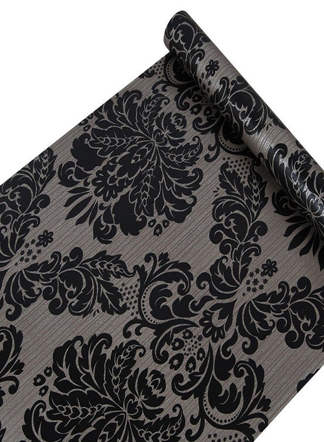 Waddllcor Black Damask Wallpaper Self Adhesive Shelf Vinyl Paper Peel and Stick Damask Wallpaper Roll Shelf Liner Cabinets Door Drawer Sticker 17.7" x 78.7" (45cm x 2m) - Image 1