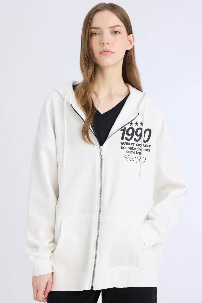DeFacto Woman Oversize Fit Hooded Printed Zippered Thick Sweatshirt  - Image 1