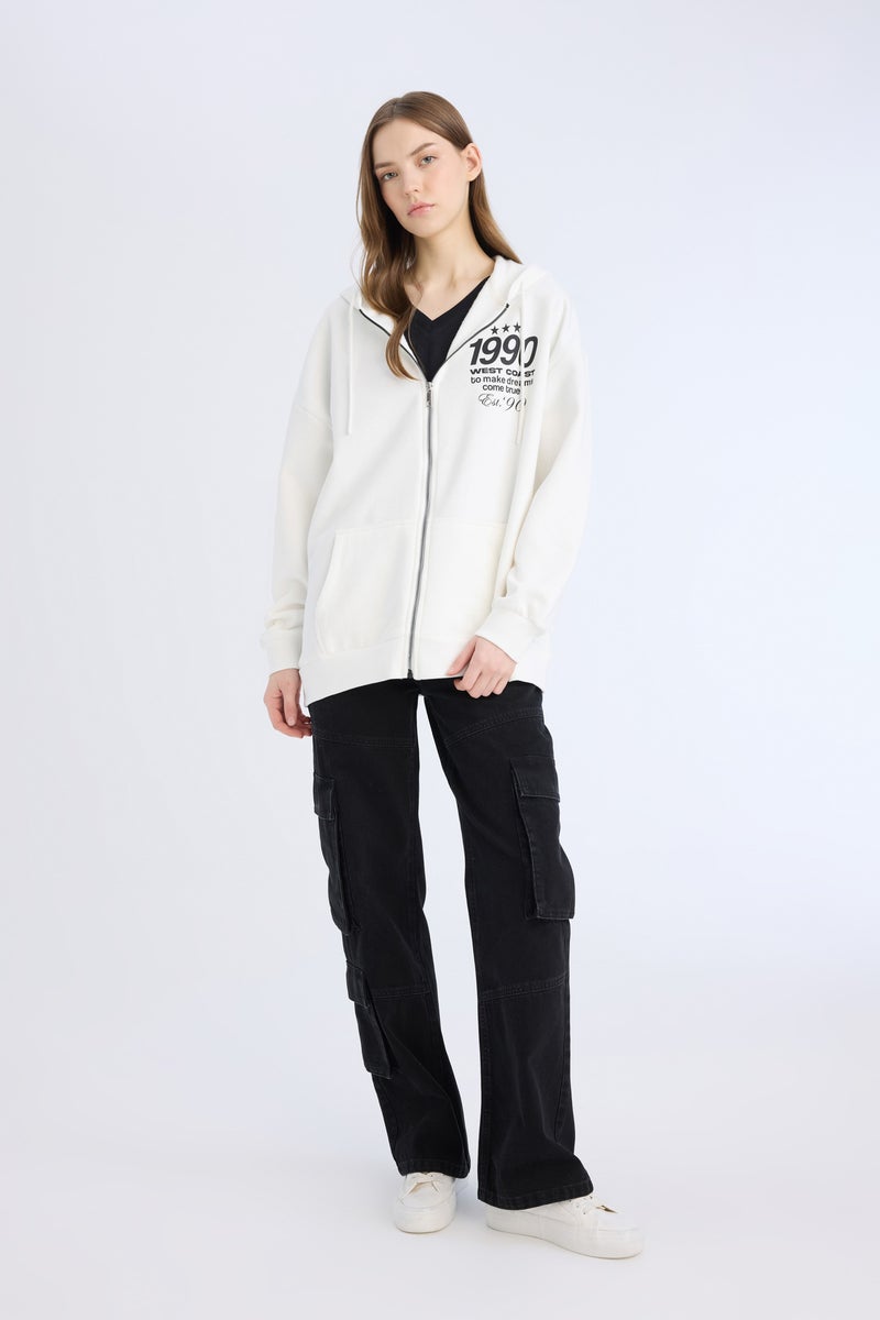 DeFacto Woman Oversize Fit Hooded Printed Zippered Thick Sweatshirt  - Image 3