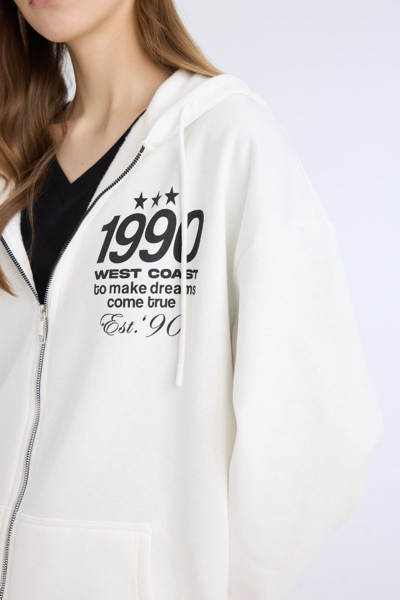 DeFacto Woman Oversize Fit Hooded Printed Zippered Thick Sweatshirt  - Image 4