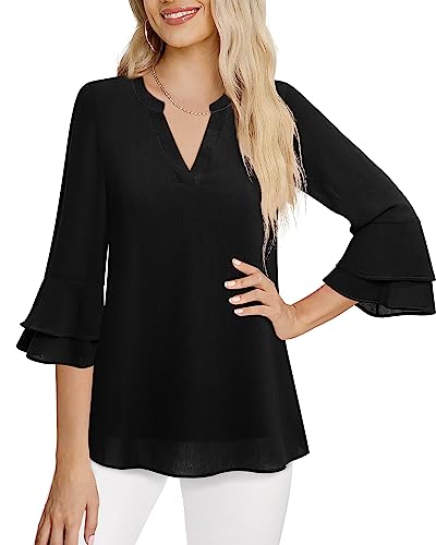 Lotusmile Blouses for Women Dressy Casual, Notch V Neck Tunic Flowy 3/4 Bell Sleeve Tops for Women Summer Chiffon Layers Elbow Length Top Loose Fitting Office Shirt Black - Image 4