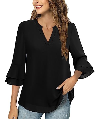 Lotusmile Blouses for Women Dressy Casual, Notch V Neck Tunic Flowy 3/4 Bell Sleeve Tops for Women Summer Chiffon Layers Elbow Length Top Loose Fitting Office Shirt Black - Image 2