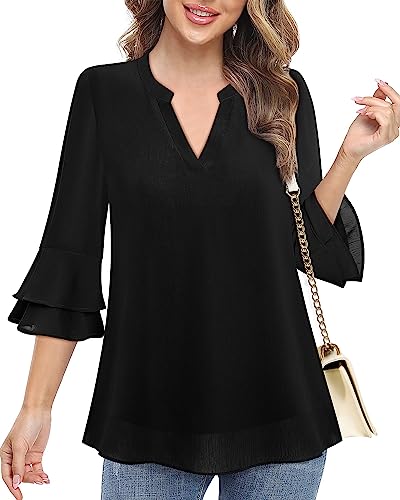 Lotusmile Blouses for Women Dressy Casual, Notch V Neck Tunic Flowy 3/4 Bell Sleeve Tops for Women Summer Chiffon Layers Elbow Length Top Loose Fitting Office Shirt Black - Image 3